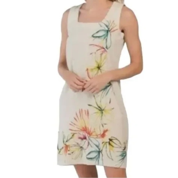 For Cynthia Dresses & Skirts - For Cynthia Dress floral linen beige square neck tropical women’s size medium